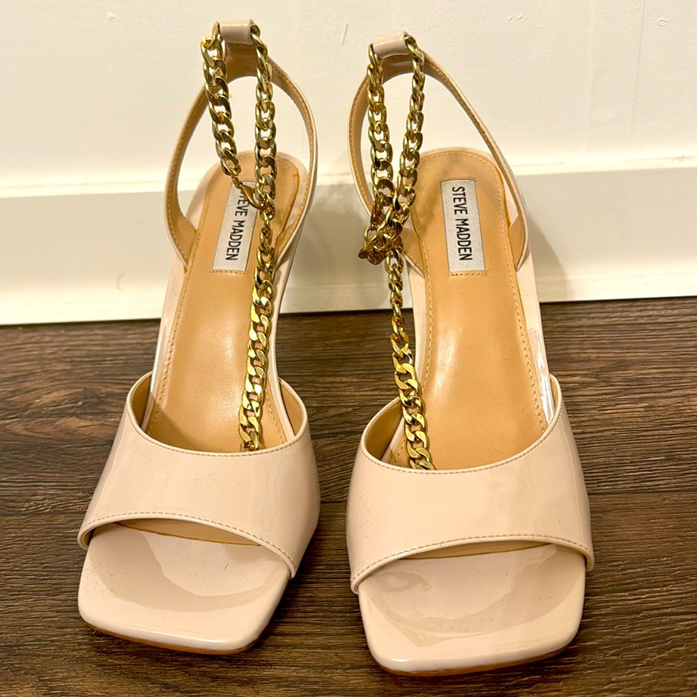 STEVE MADDEN Womens Beige Chain Clasp Ankle Strap Metallic Buoyant